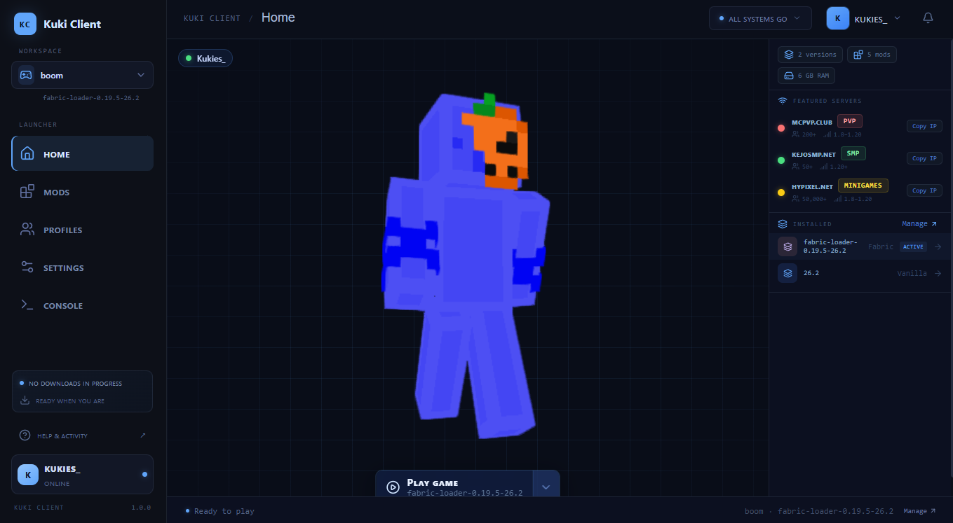 Vorschau des Kuki Client Launchers mit Navigation für Mods, Profile und Einstellungen sowie einer Minecraft-Spielfigur in der Mitte